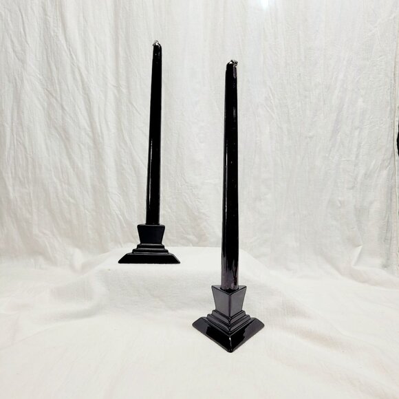VTG Pair Of Memphis Design Style Geometric Black Ceramic Taper Candle Holders - Picture 1 of 6